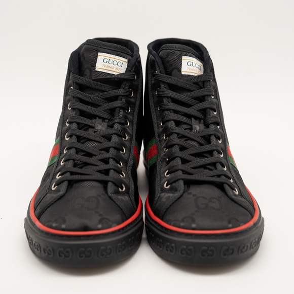 size 13G 13.5 US Gucci Tennis High Black Canvas Jumbo GG Sneakers Web - Picture 2 of 12